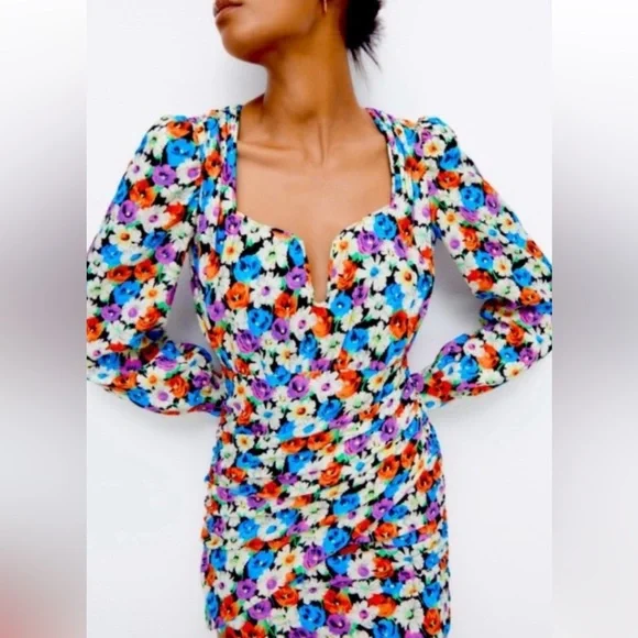 Zara Vibrant Floral Print Long Sleeve Mini Dress Ruched Skirt Design Woman Small - Picture 13 of 13